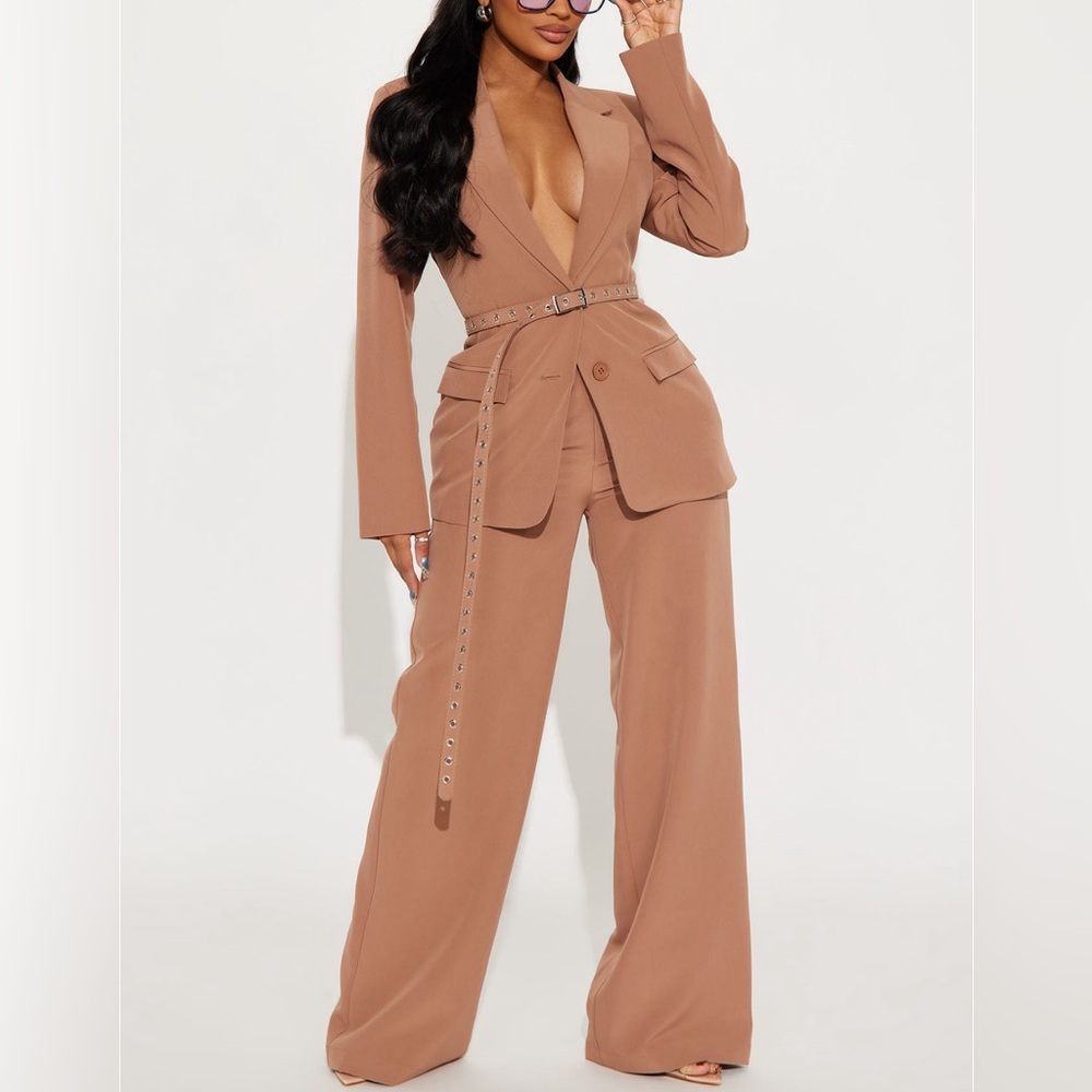 Money Maker Belted Blazer Pant Set - Mocha